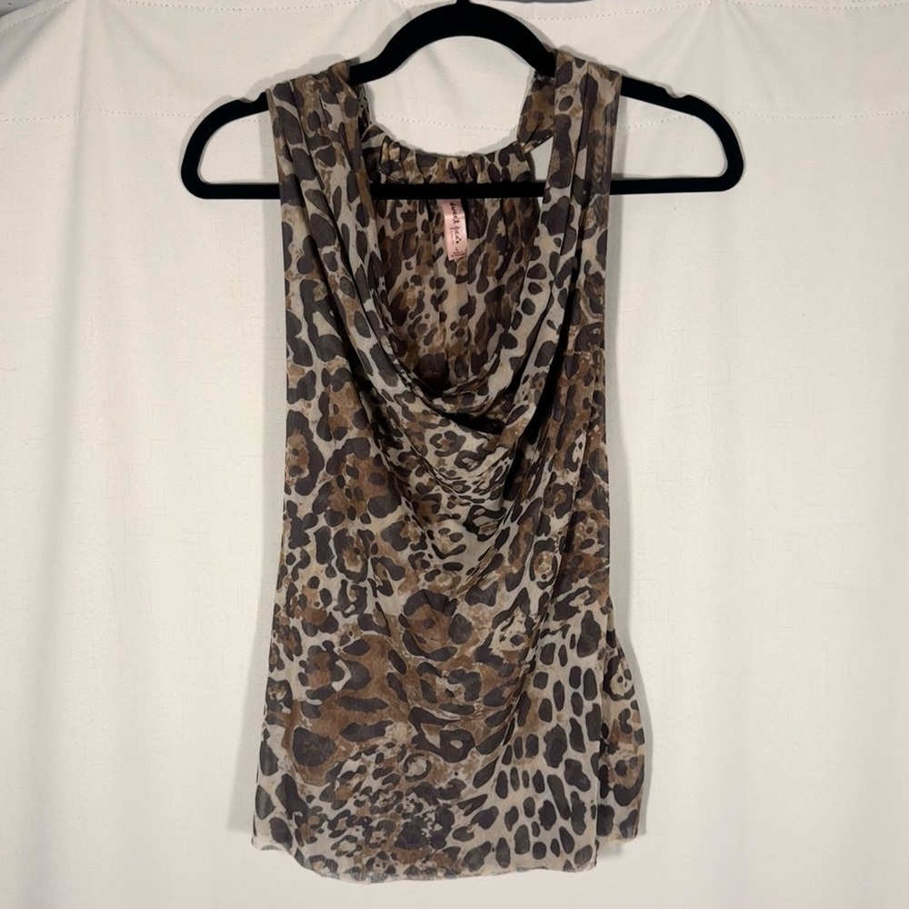 Sweet Pea Leopard Print Sheer Mesh Cowl Neck Top